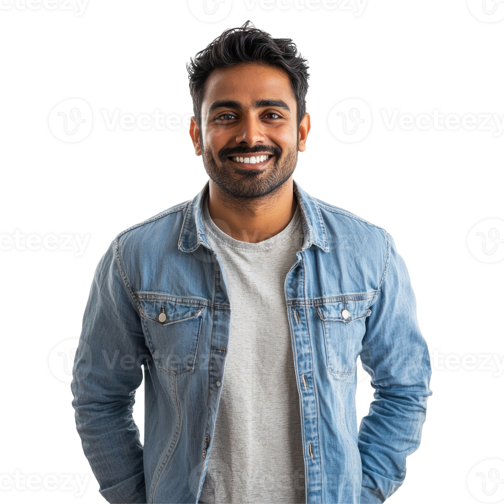 Smiling Man in Denim Jacket Looking Friendly, isolated on transparent background png