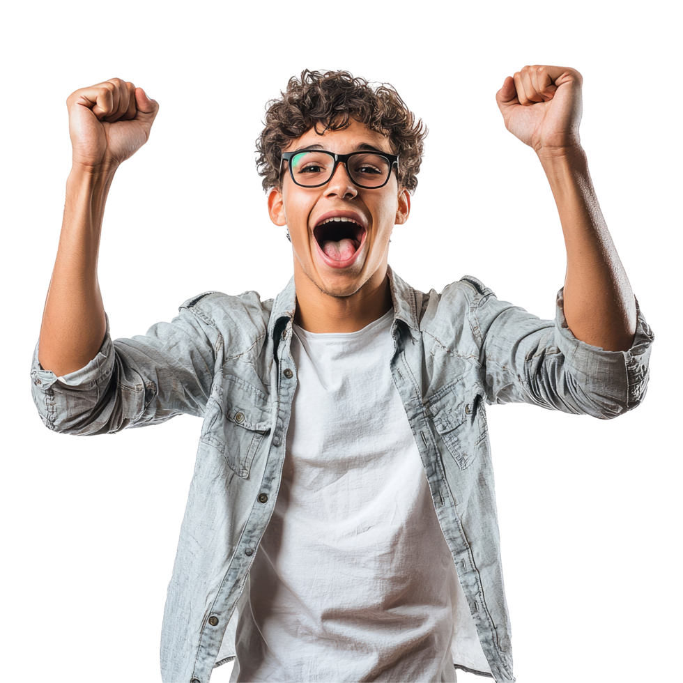 Excited Young Man in Denim Jacket Cheering with Raised Fists, isolated on transparent background png