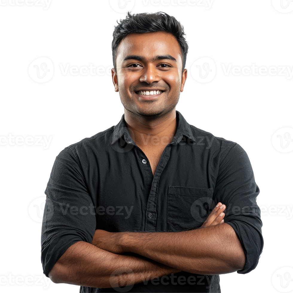 Confident Young Man in Black Shirt, Arms Crossed, Smiling, Isolated on Transparent Background png