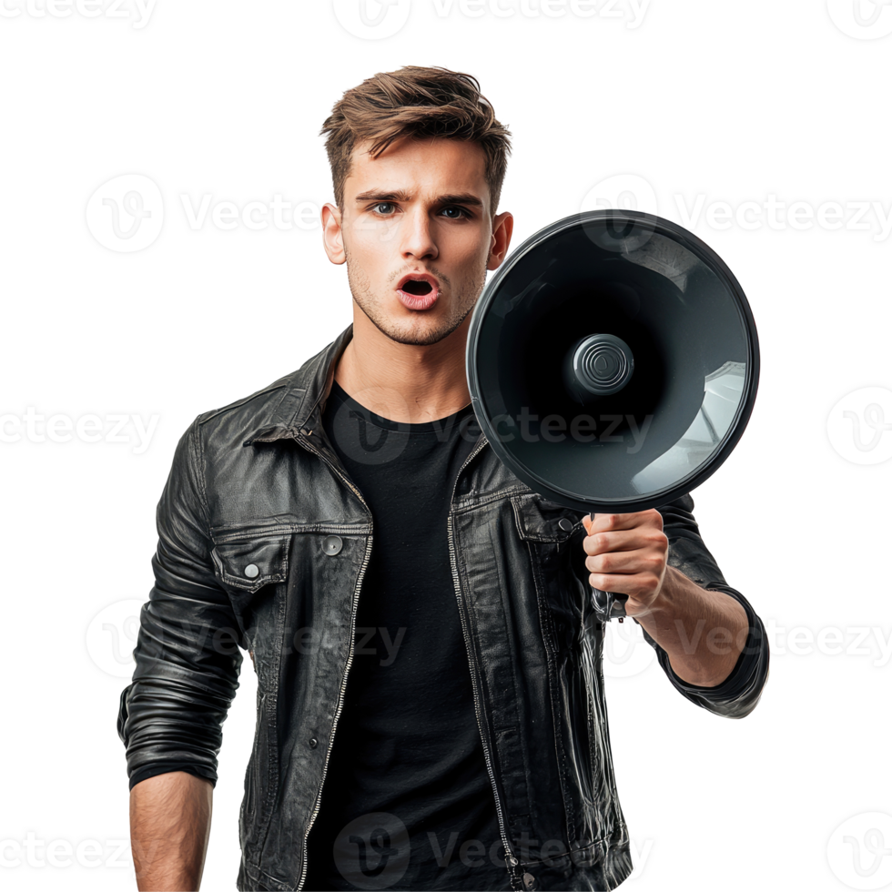 Serious Young Man in Black Outfit Holding Megaphone, isolated on transparent background png