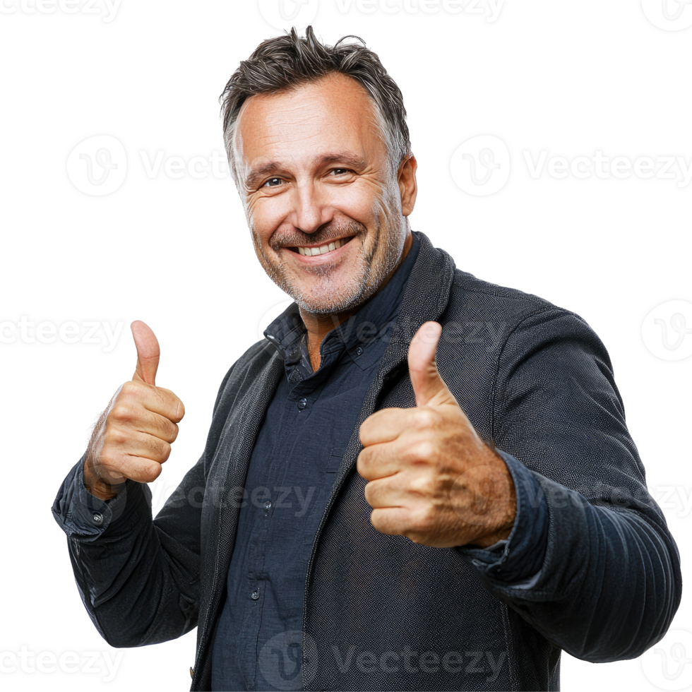Cheerful Middle-Aged Man in Suit Giving Double Thumbs Up, isolated on transparent background png