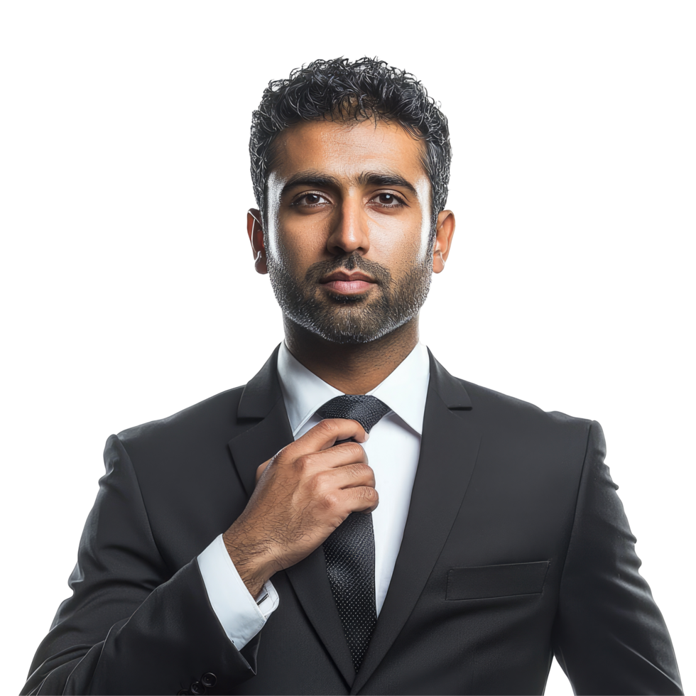 Professional Man in Suit Fixing His Tie with a Serious Expression, isolated on transparent background png