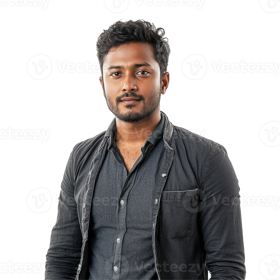 Serious Young Man in Black Jacket with Hands in Pockets, isolated on transparent background png