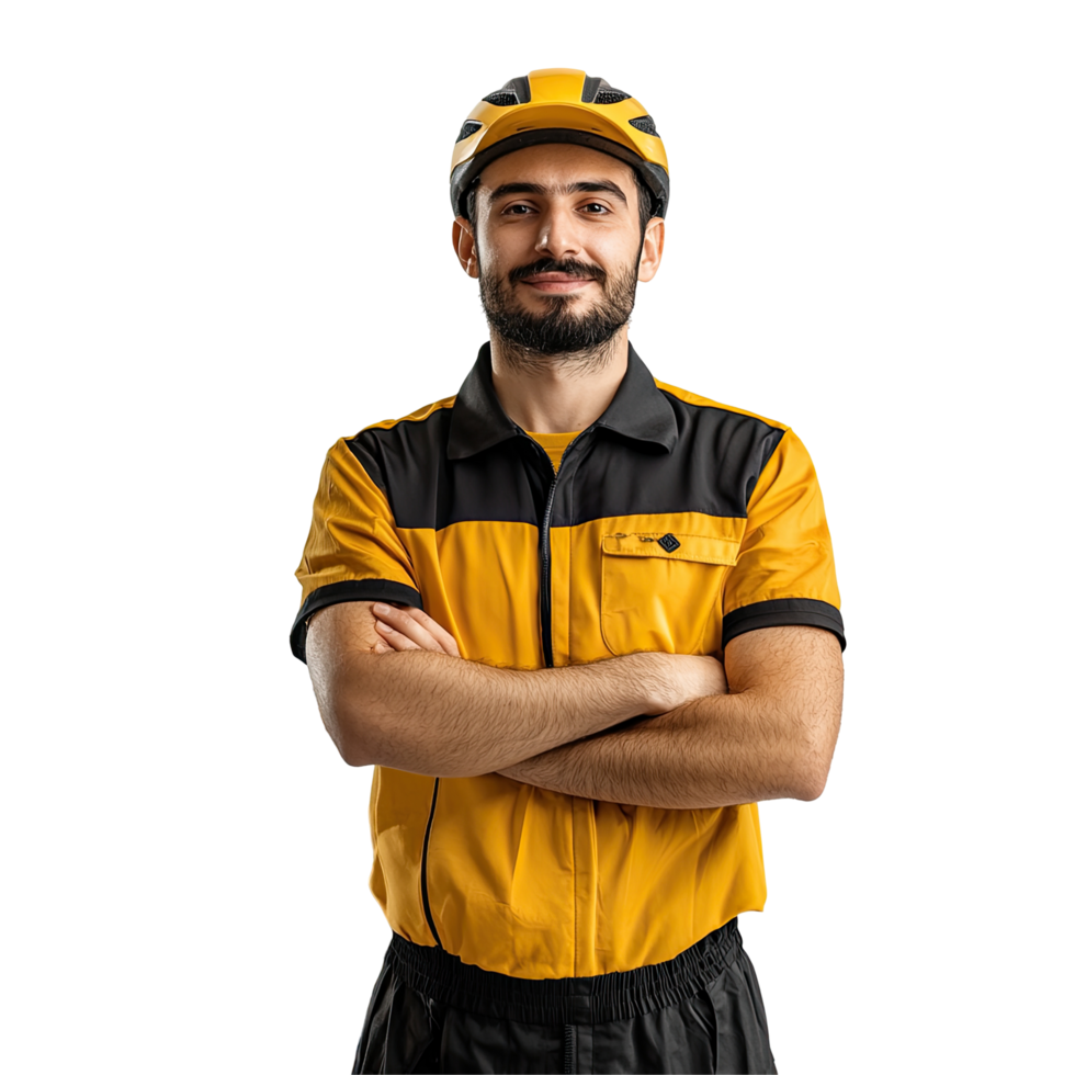 Confident Delivery Worker in Yellow Uniform with Arms Crossed, isolated on transparent background png