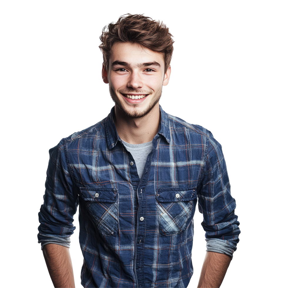 Smiling Young Man in Denim Shirt with Hands in Pockets, isolated on transparent background png
