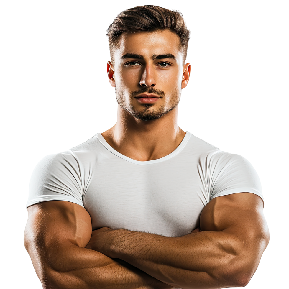 Confident Young Man in White T-Shirt with Arms Crossed, isolated on transparent background png