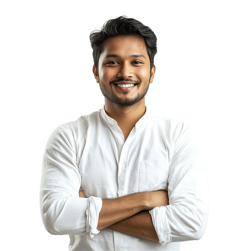 Smiling Young Man in White Shirt with Arms Crossed, isolated on transparent background png