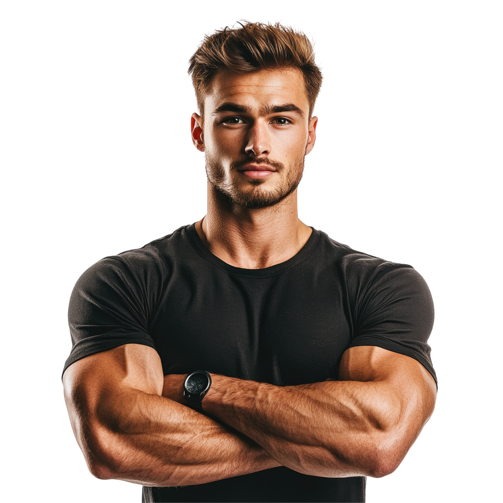 Muscular Young Man with Arms Crossed in Black T-Shirt, isolated on transparent background png