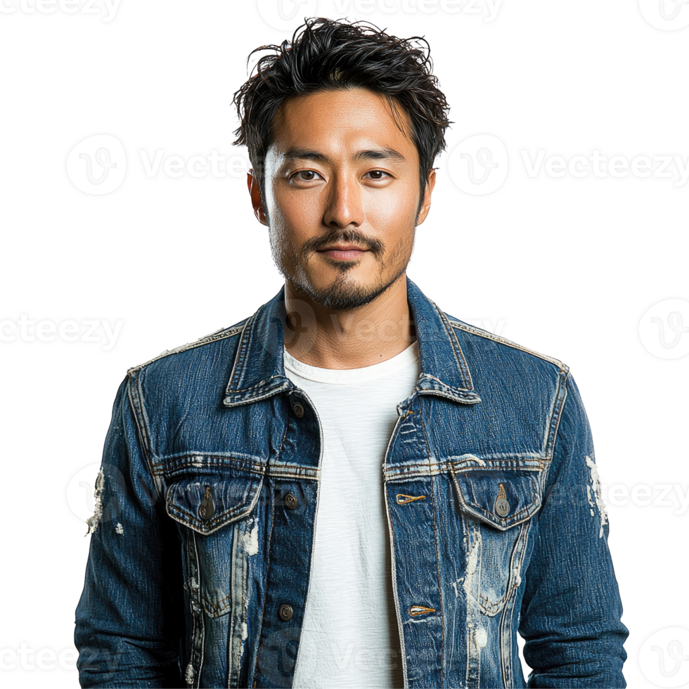 Serious Man in Denim Jacket with Hands in Pockets, isolated on transparent background png