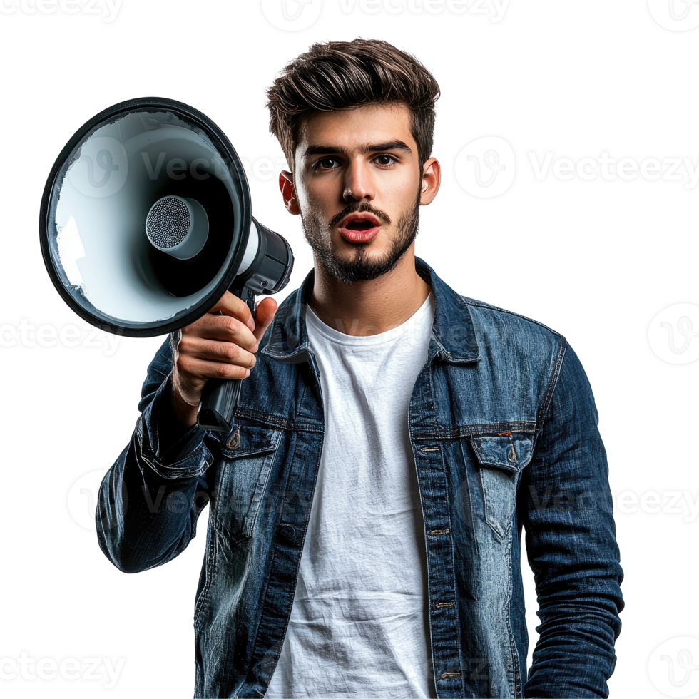 Confident Young Man in Denim Jacket Speaking into Megaphone, isolated on transparent background png