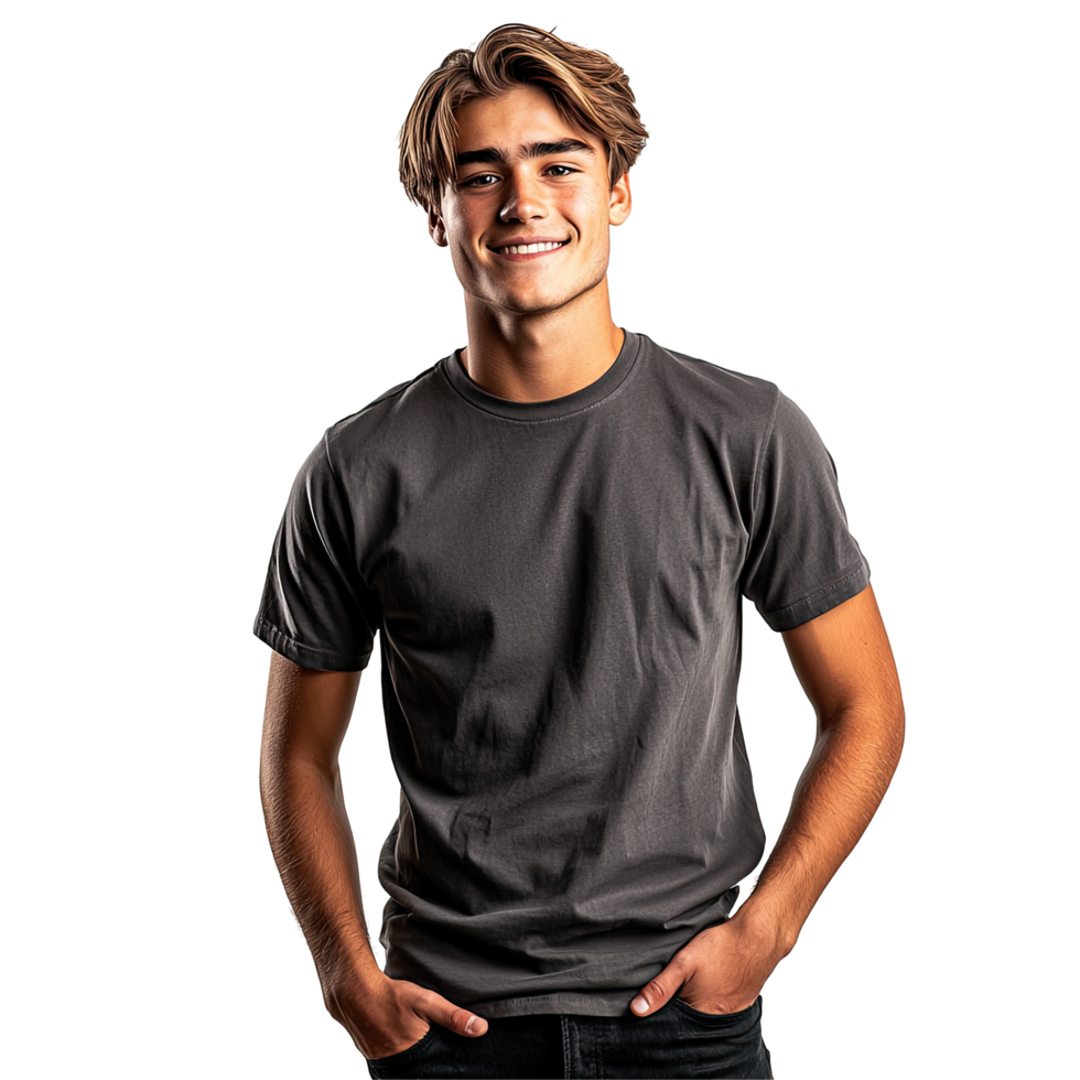Smiling Young Man in Black T-Shirt with Hands on Hips, isolated on transparent background png