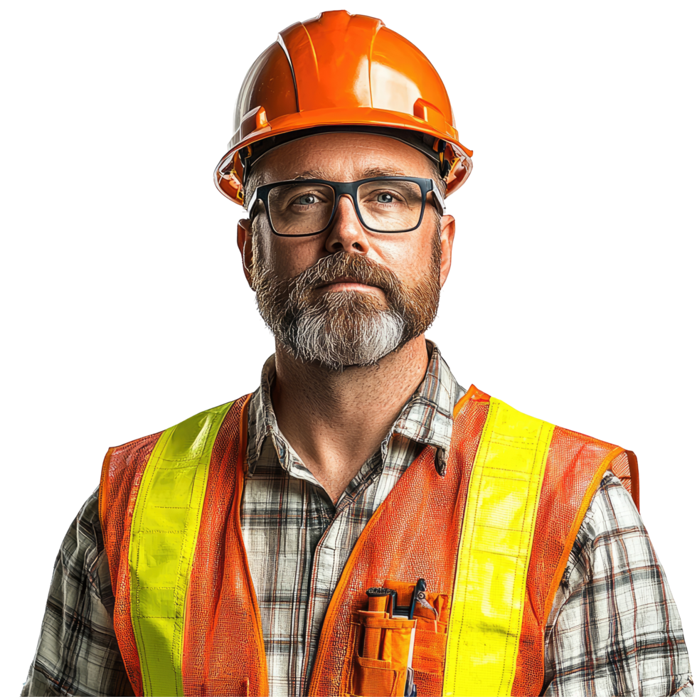 Bearded Construction Worker in Safety Vest and Hard Hat, isolated on transparent background png