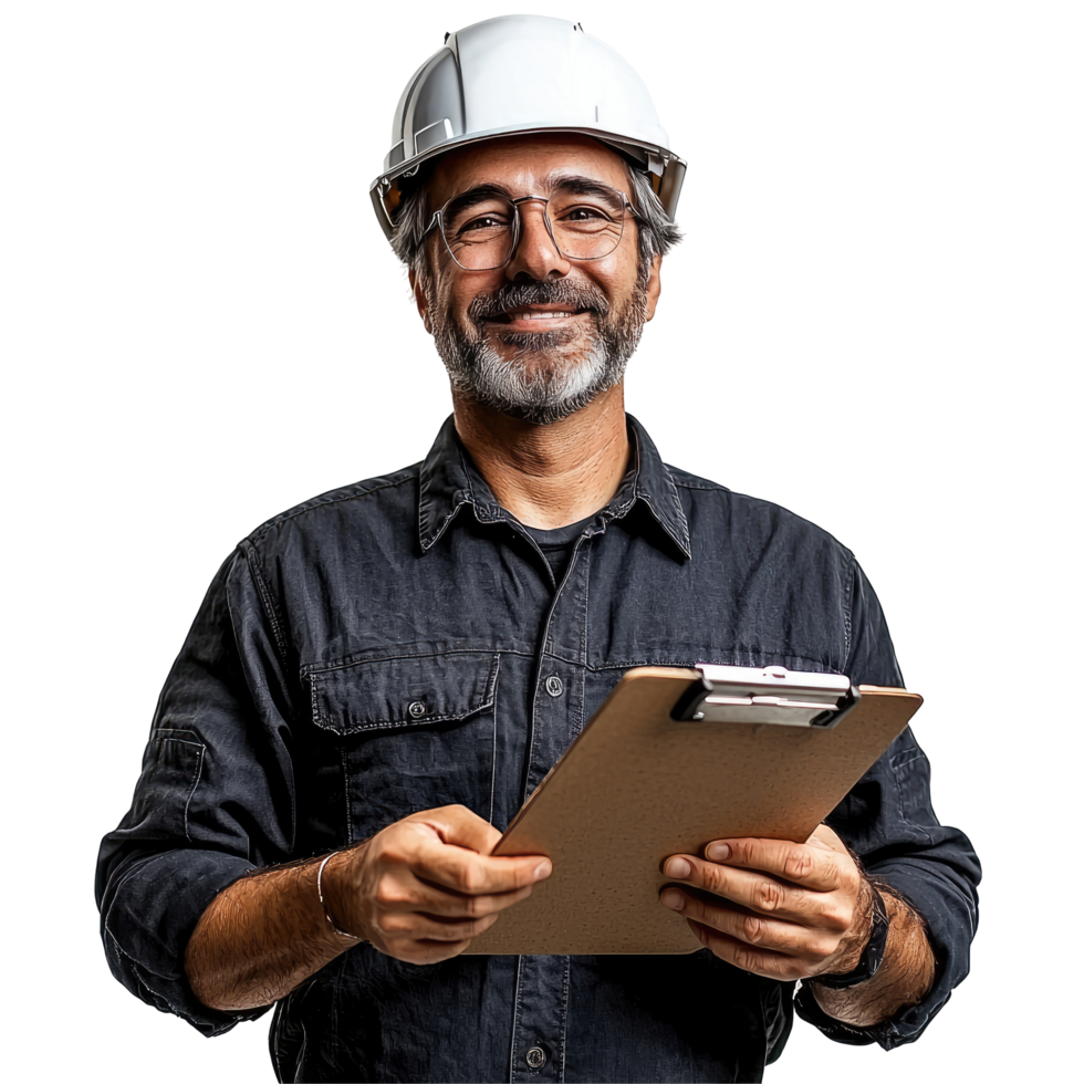 Smiling Engineer in Hard Hat and Glasses Holding a Clipboard, isolated on transparent background png
