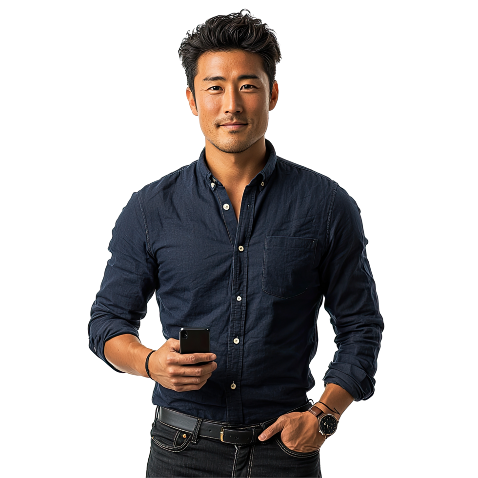 Professional Man in Dark Blue Shirt Holding a Coffee Cup, isolated on transparent background png