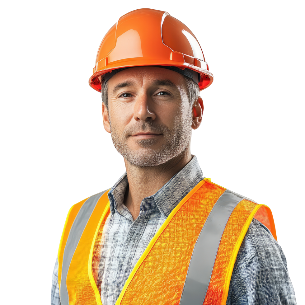 Construction Worker in Orange Safety Vest and Hard Hat, isolated on transparent background png