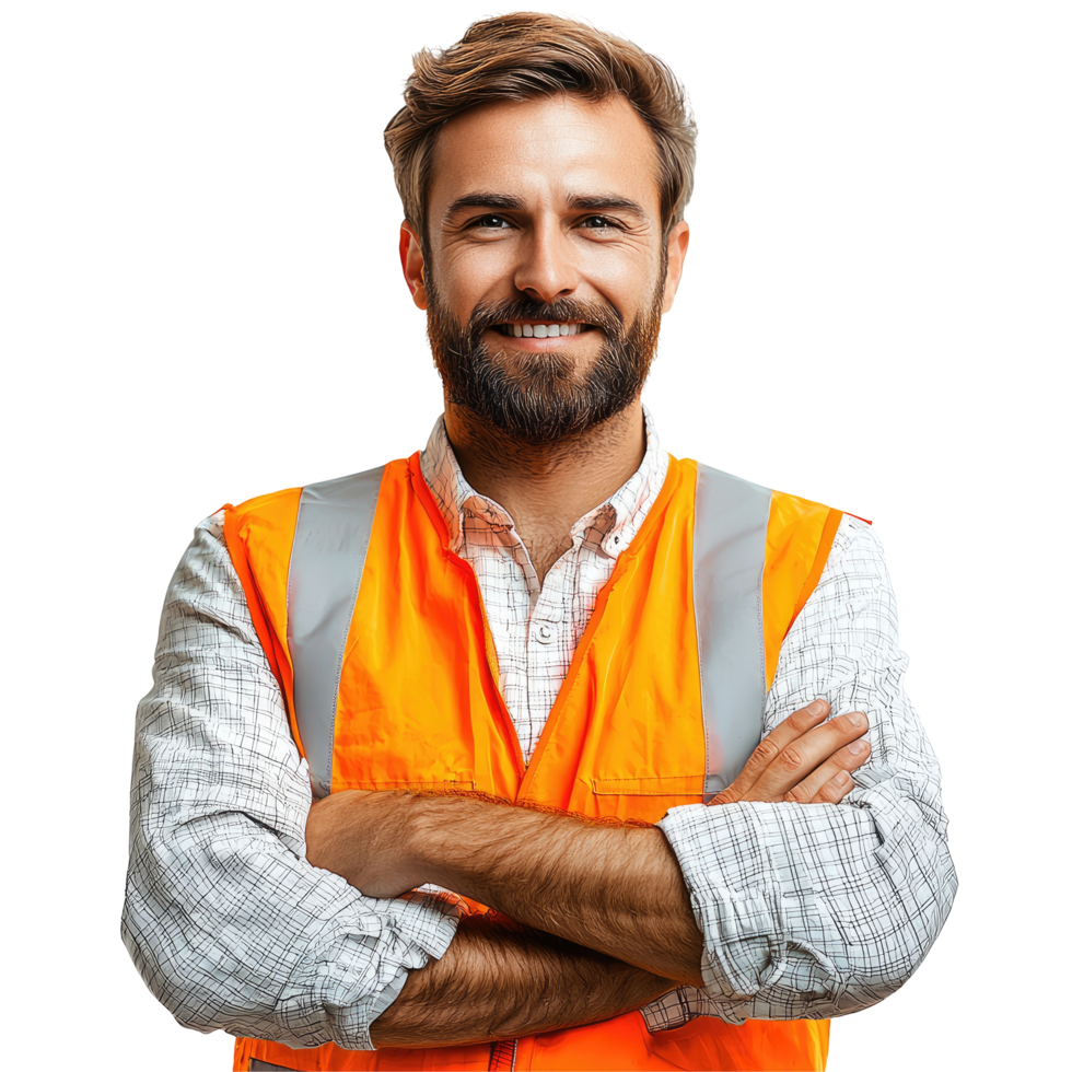 Smiling Bearded Engineer in Safety Vest with Arms Crossed, isolated on transparent background png