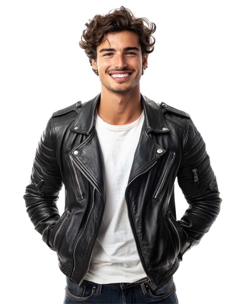 Cheerful Young Man in White Tee and Black Leather Jacket, Isolated on Transparent Background png