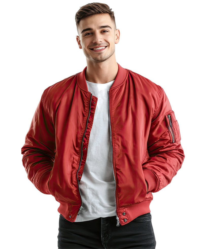 Young Man in Red Bomber Jacket, Hands in Pockets, Isolated on Transparent Background png