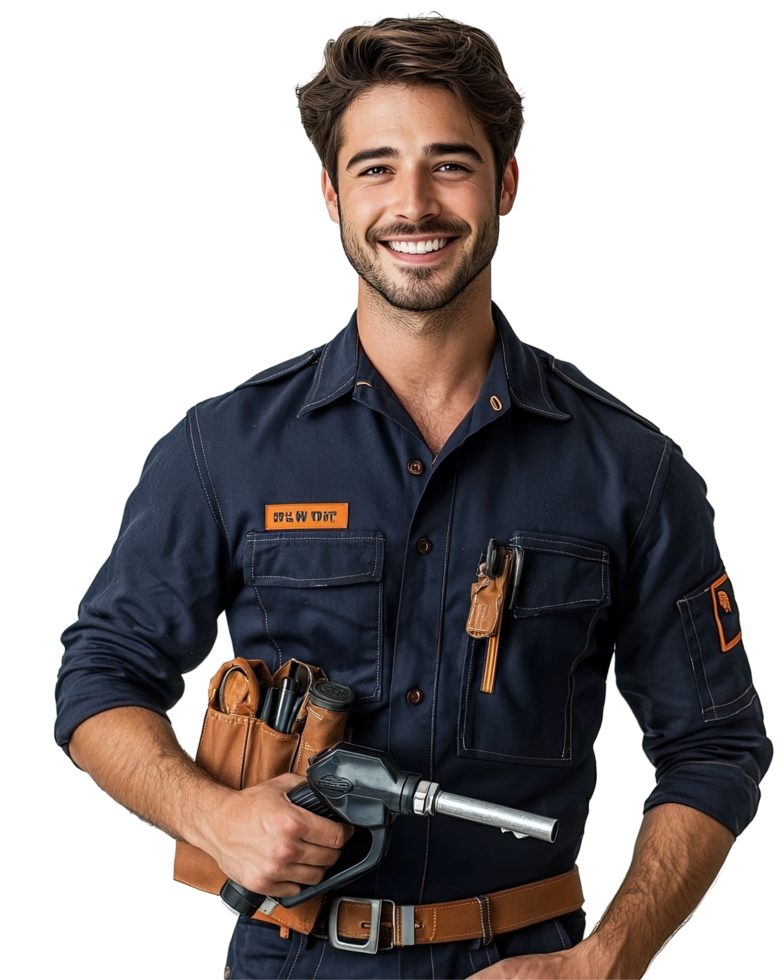 Smiling Mechanic in Navy Blue Uniform Holding Wrench, Isolated on Transparent Background png