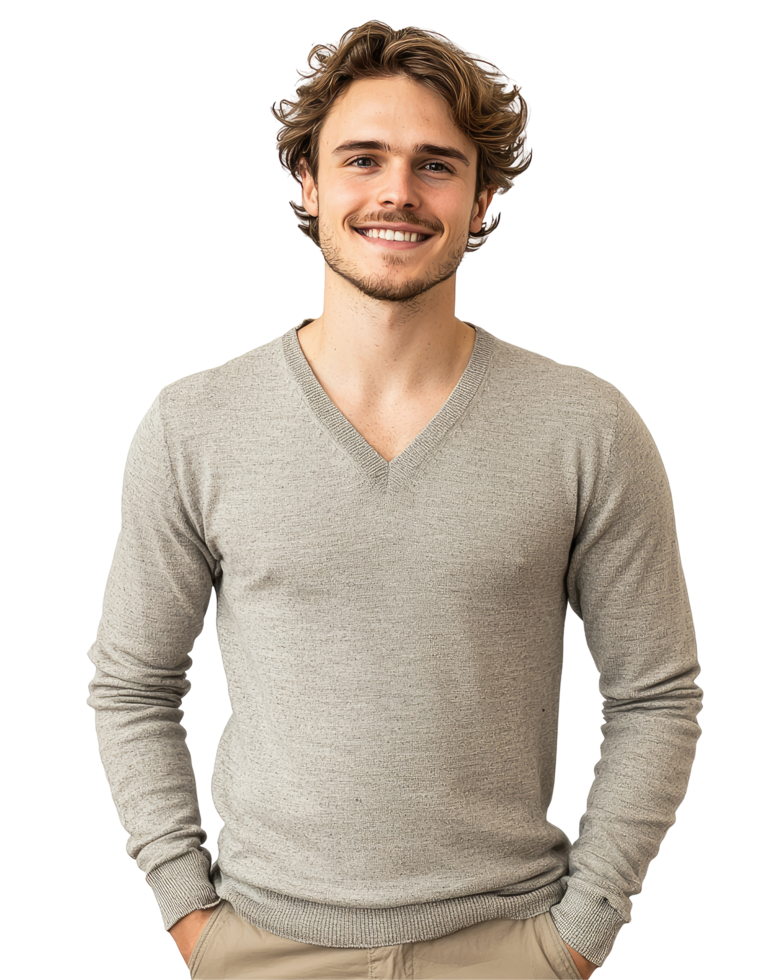 Happy Man in Beige Sweater with Hands in Pockets, Isolated on Transparent Background png