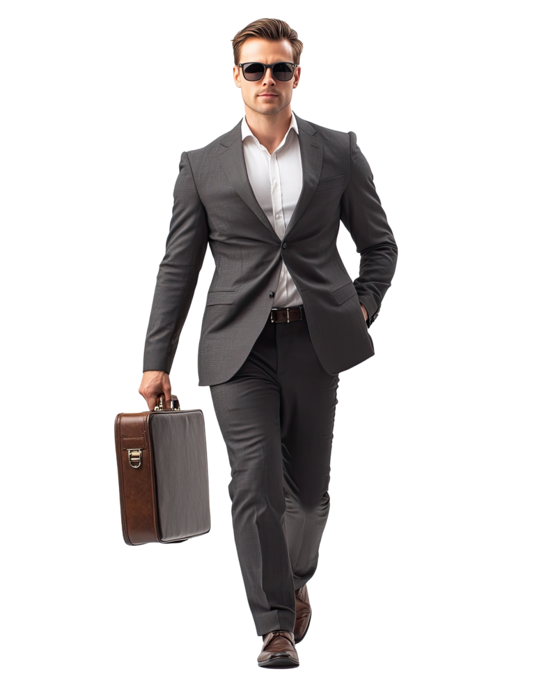 Confident Businessman in Suit Walking with Briefcase, Sunglasses On, Isolated on Transparent Background png