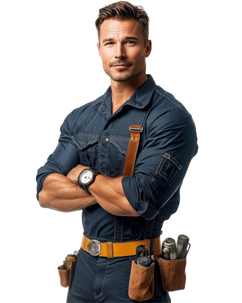Handsome Carpenter in Navy Blue Work Shirt with Tool Belt, Isolated on Transparent Background png