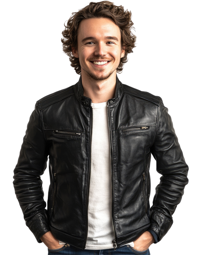 Happy Man in Black Leather Jacket with Hands in Pockets, Isolated on Transparent Background png