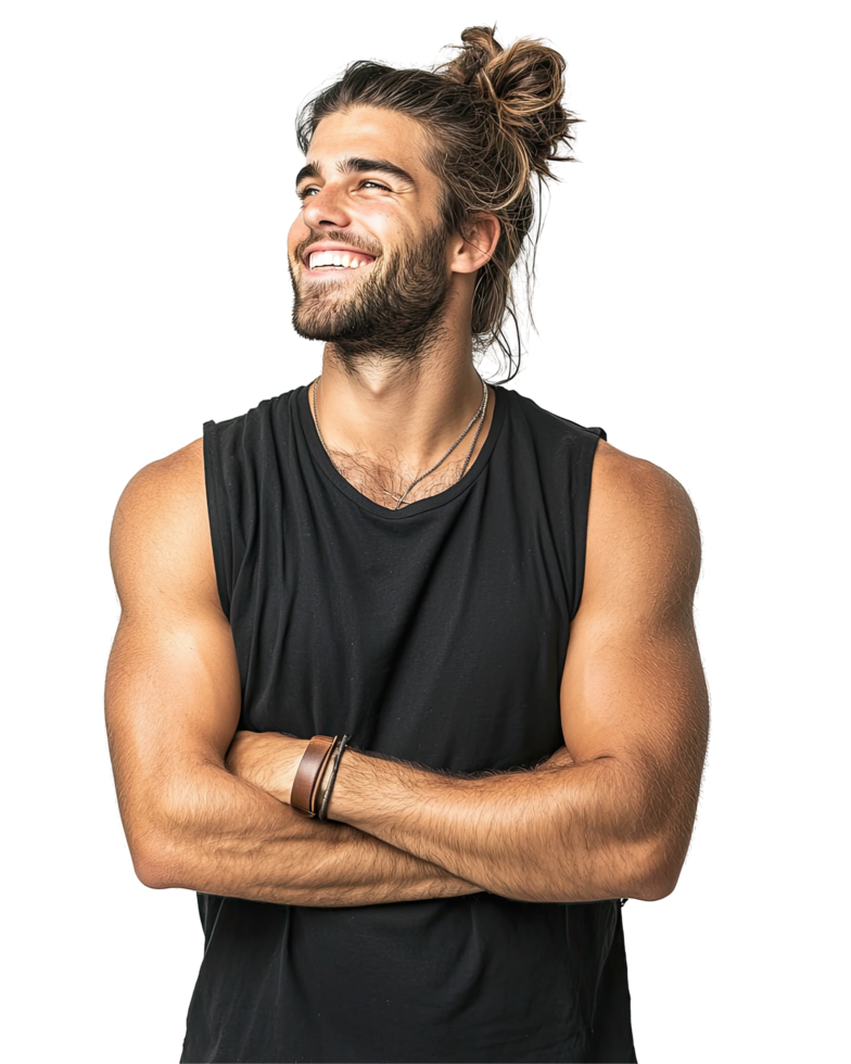 Relaxed Man with Man Bun Wearing Black Tank Top, Smiling, Isolated on Transparent Background png
