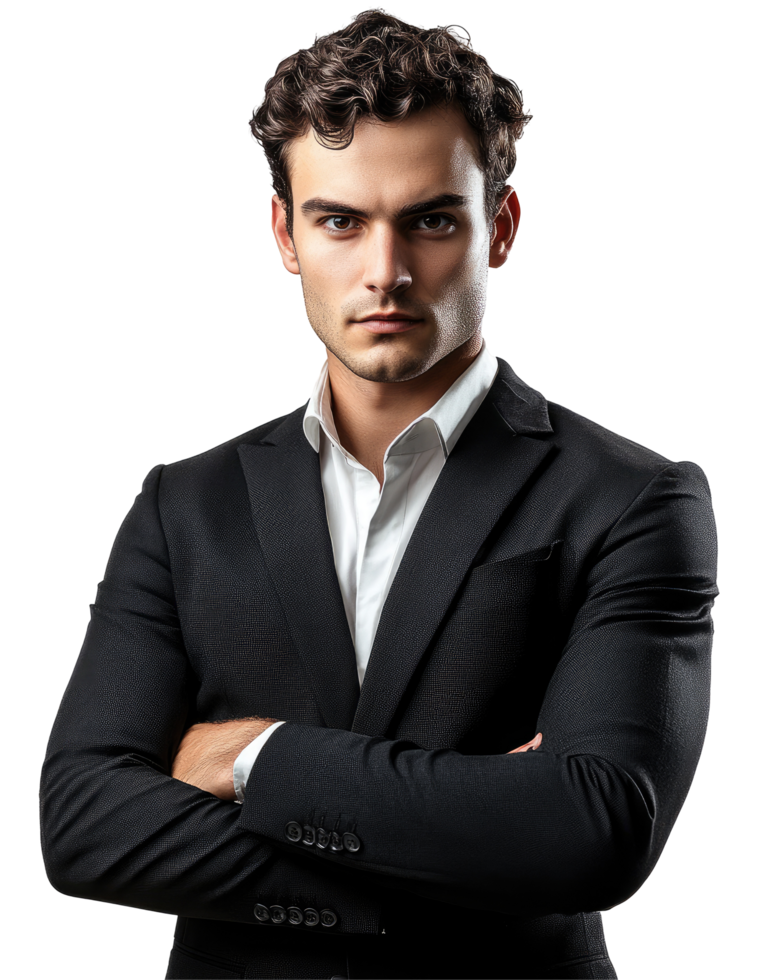 Man in Black Suit with Arms Crossed, Isolated on Transparent Background png