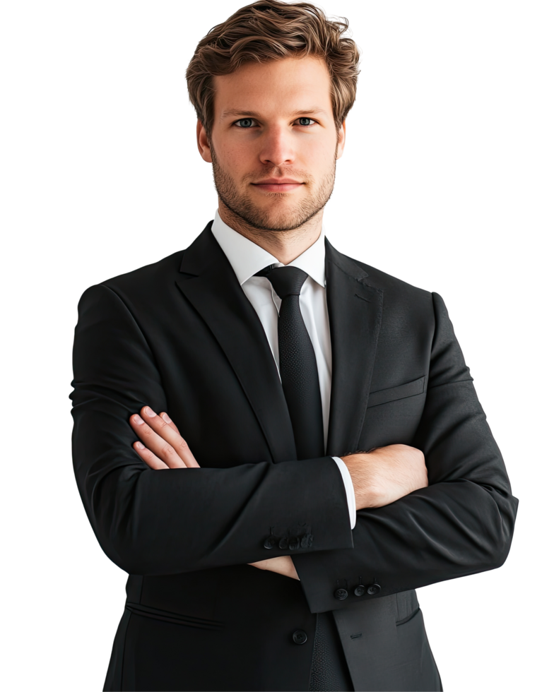 Confident Man in Black Suit with Arms Crossed, Isolated on Transparent Background png