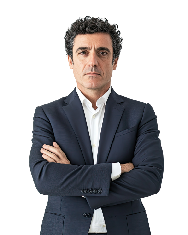 Mature Man in Navy Blue Suit with Arms Crossed, Confident Look, Isolated on Transparent Background png