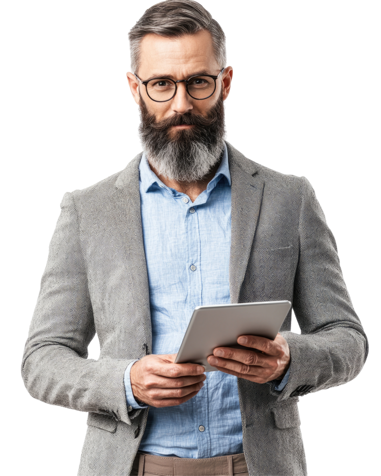 Mature Bearded Man in Gray Blazer with Tablet, Professional Look, Isolated on Transparent Background png