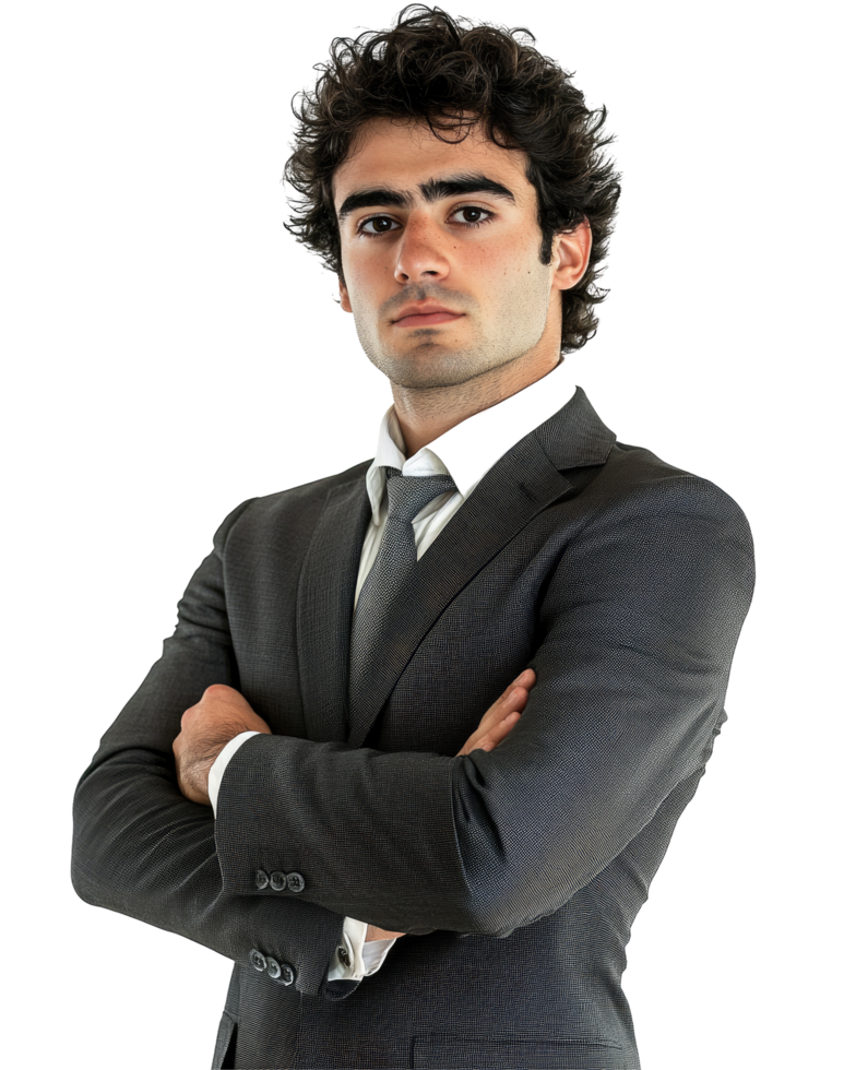 Curly-Haired Man in Dark Suit with Arms Crossed, Isolated on Transparent Background png