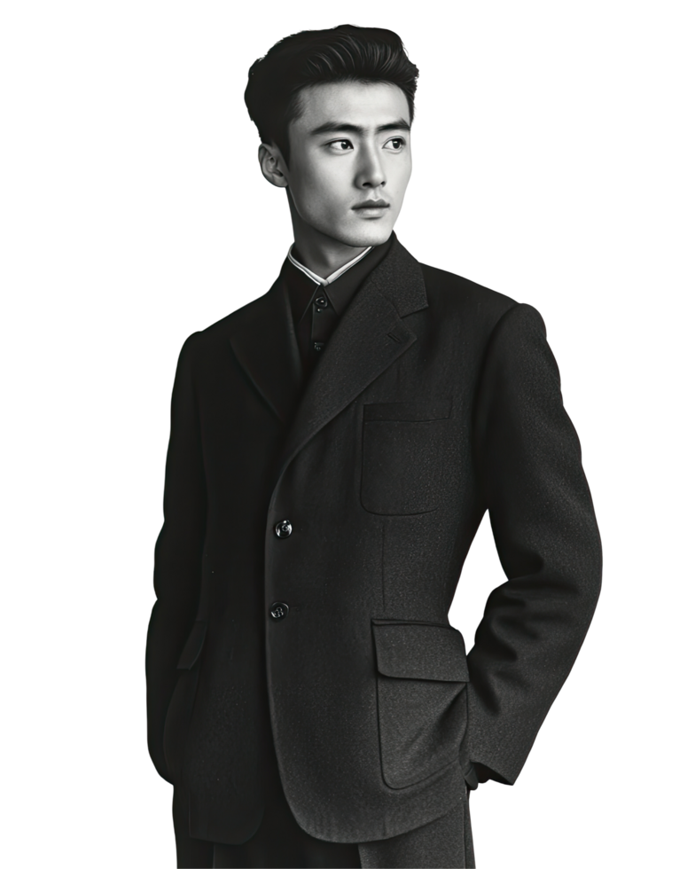 Black and White Portrait of a Stylish Young Man in a Classic Suit, Hands in Pocket, Isolated on Transparent Background png