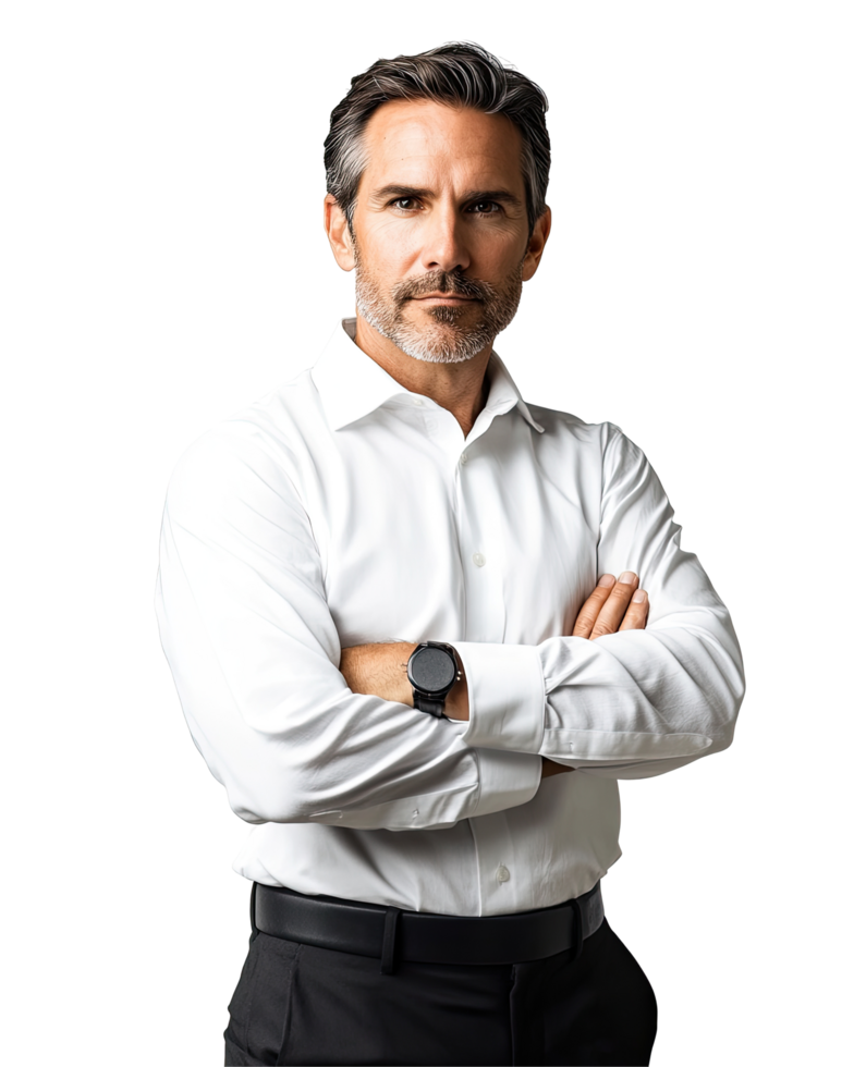 Middle-Aged Man in White Shirt with Arms Crossed, Confident Look, Isolated on Transparent Background png