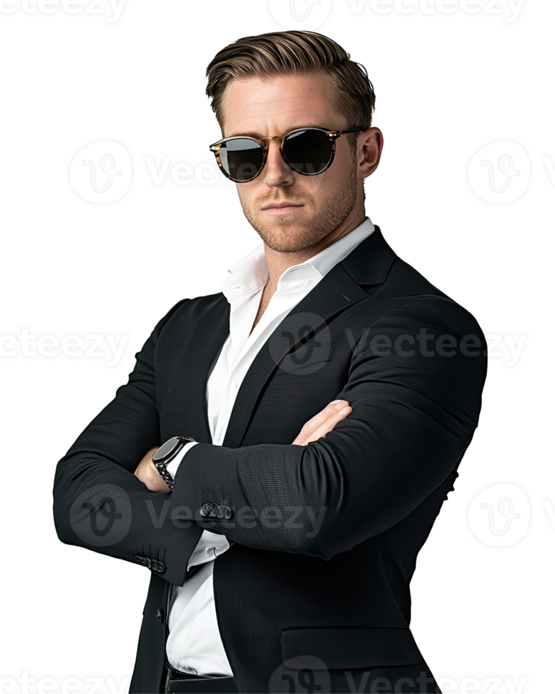 Cool Man in Black Suit with Open Collar Shirt and Sunglasses, Arms Crossed, Isolated on Transparent Background png