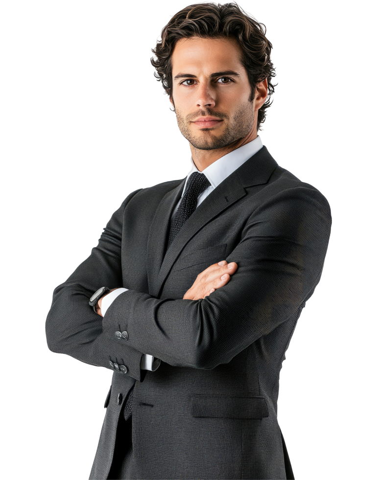 Confident Young Man in Dark Suit with Arms Crossed, Isolated on Transparent Background png