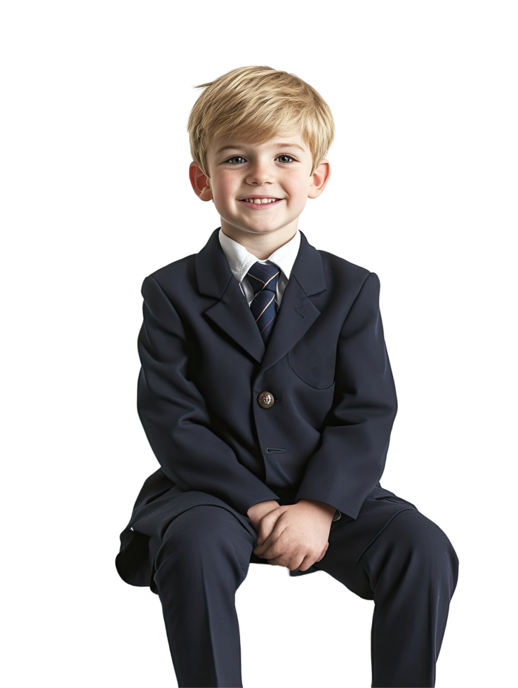 Young Boy in Formal Suit Sitting and Smiling, Isolated on Transparent Background png