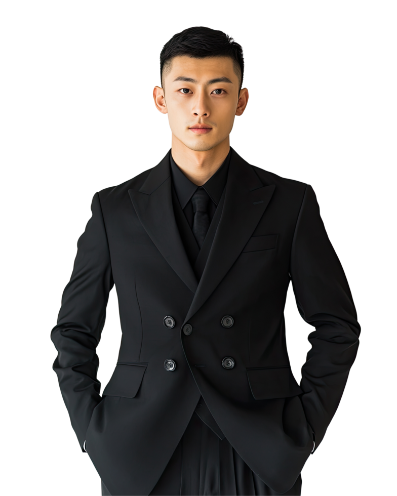 Young Asian Man in Double-Breasted Black Suit, Hands in Pockets, Isolated on Transparent Background png