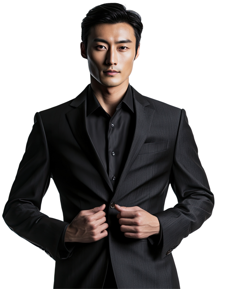 Confident Asian Man in Black Suit with Hand on Jacket, Isolated on Transparent Background png