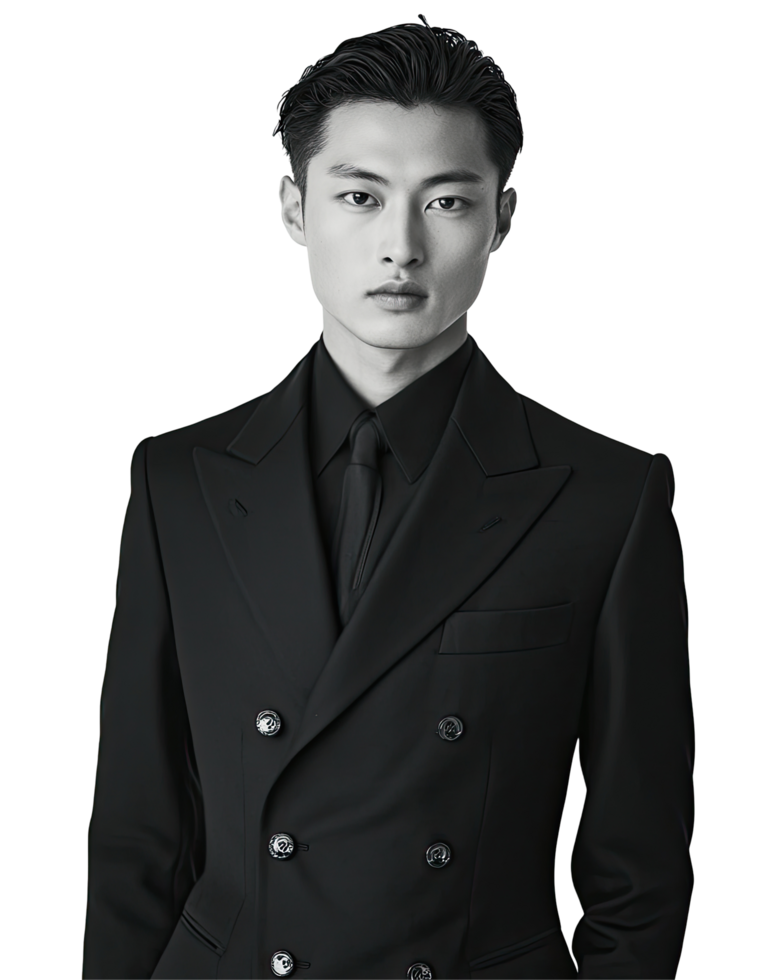 Black and White Portrait of Young Man in Double-Breasted Black Suit, Elegant and Stylish, Isolated on Transparent Background png