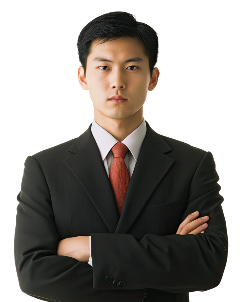 Young Asian Man in Black Suit and Red Tie, Arms Crossed, Isolated on Transparent Background png