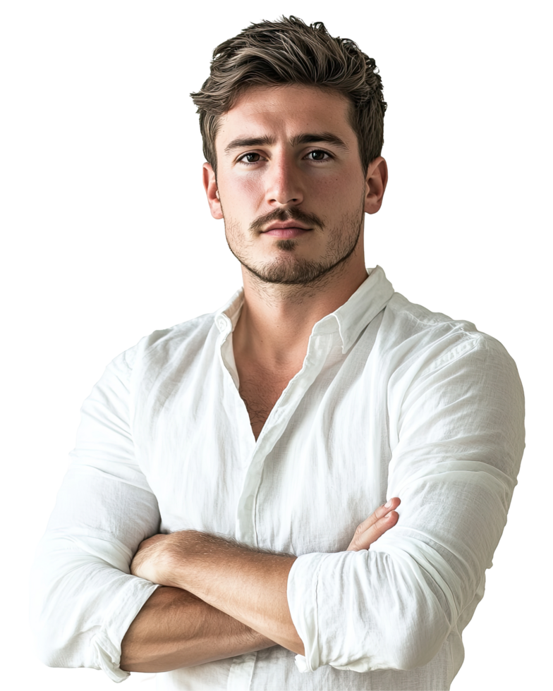 Handsome Man with Short Beard in White Shirt, Arms Crossed, Isolated on Transparent Background png
