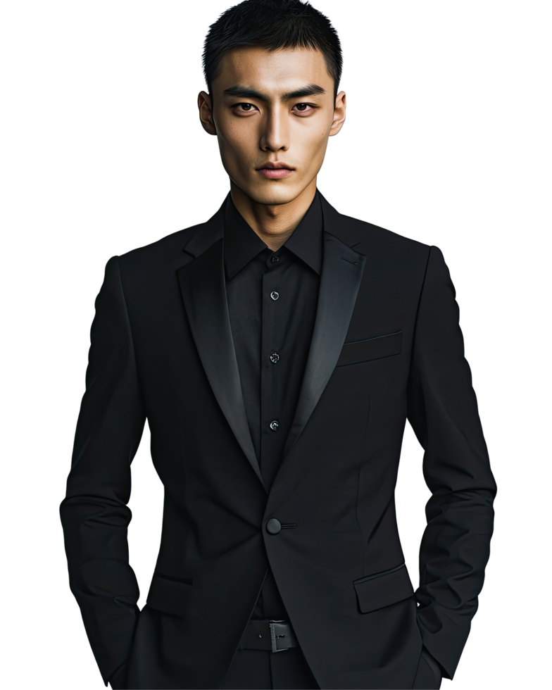 Asian Man in Black Tuxedo with a Sharp Look, Isolated on Transparent Background png