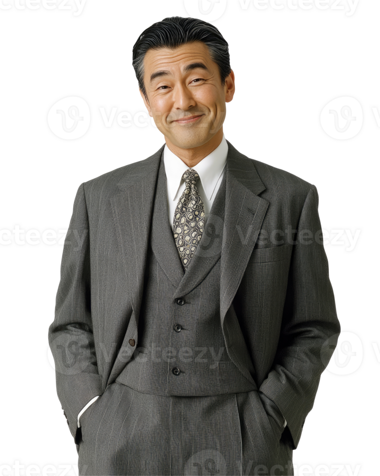 Smiling Middle-Aged Asian Man in Vintage Gray Suit, Isolated on Transparent Background png