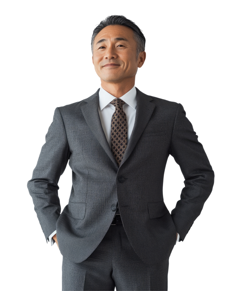 Senior Asian Man in Gray Suit with a Friendly Smile, Isolated on Transparent Background png