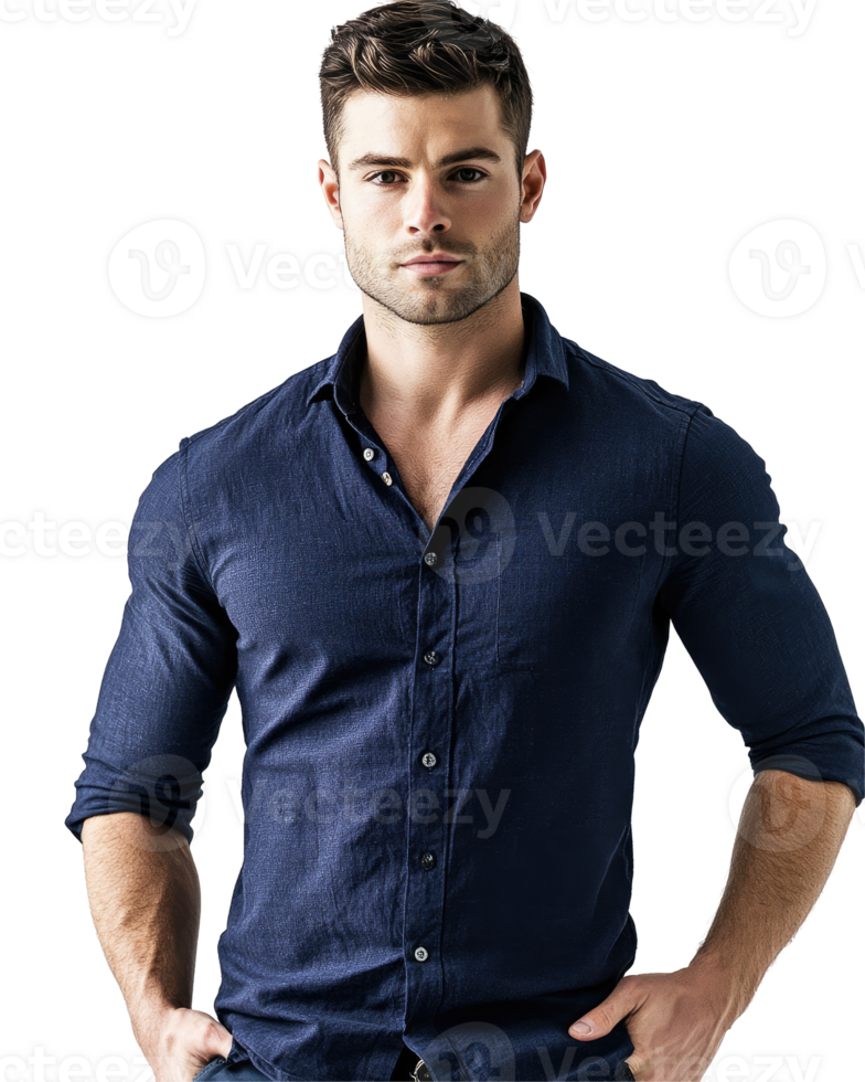 Fit Young Man in Navy Blue Shirt with Rolled-Up Sleeves, Hands on Hips, Isolated on Transparent Background png