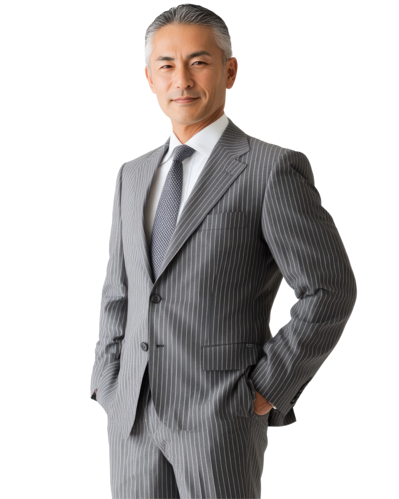 Mature Man in Light Grey Suit with Hands in Pocket, Elegant and Stylish, Isolated on Transparent Background png