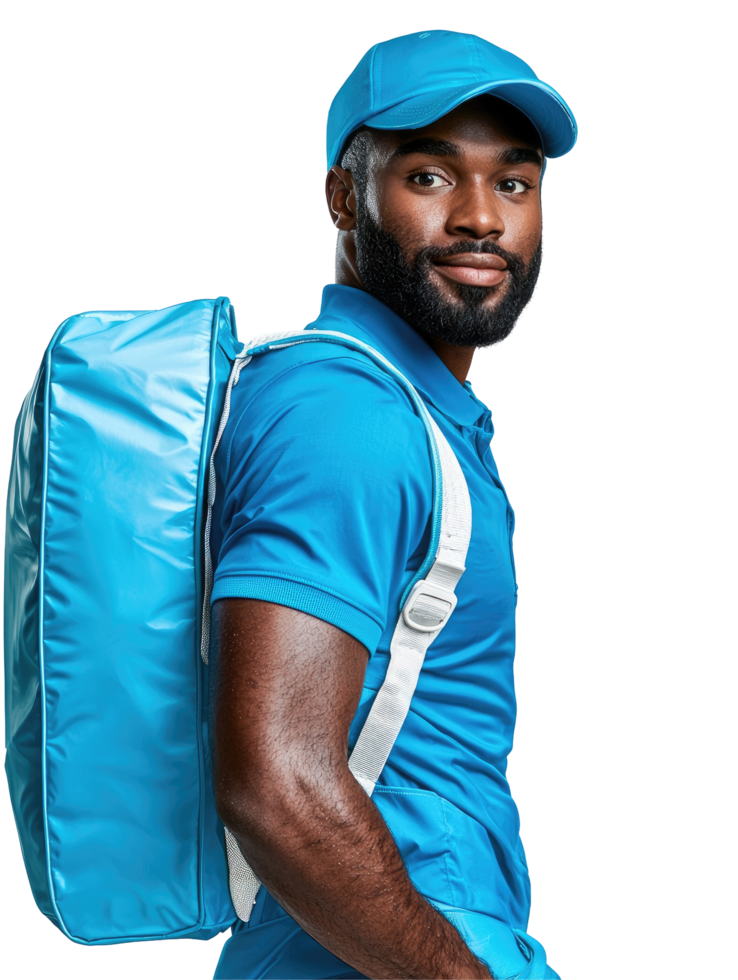 Black Male Courier in Blue Uniform with Delivery Backpack, Focused and Professional, Isolated on Transparent Background png
