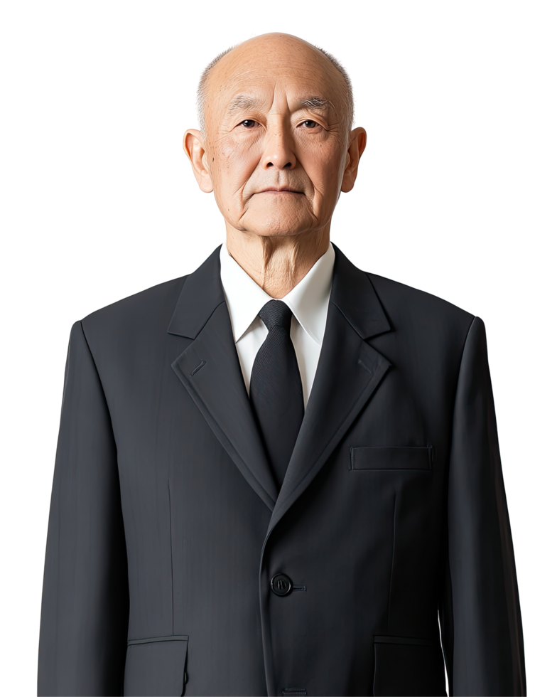 Bald Elderly Man in Black Suit, Formal and Serious Expression, Isolated on Transparent Background png